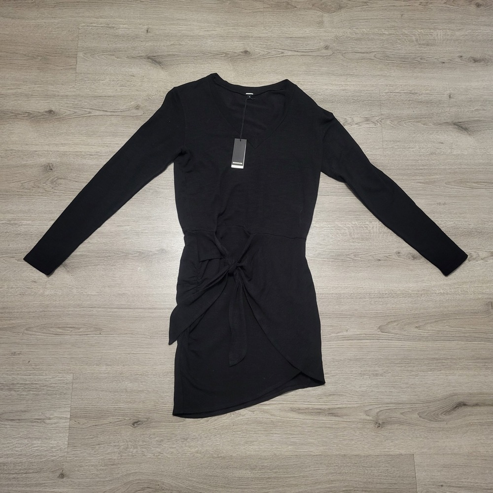 MONROW Supersoft Black V Neck Long Sleeve Tie Waist Ruched Mini Dress Small - Picture 4 of 10